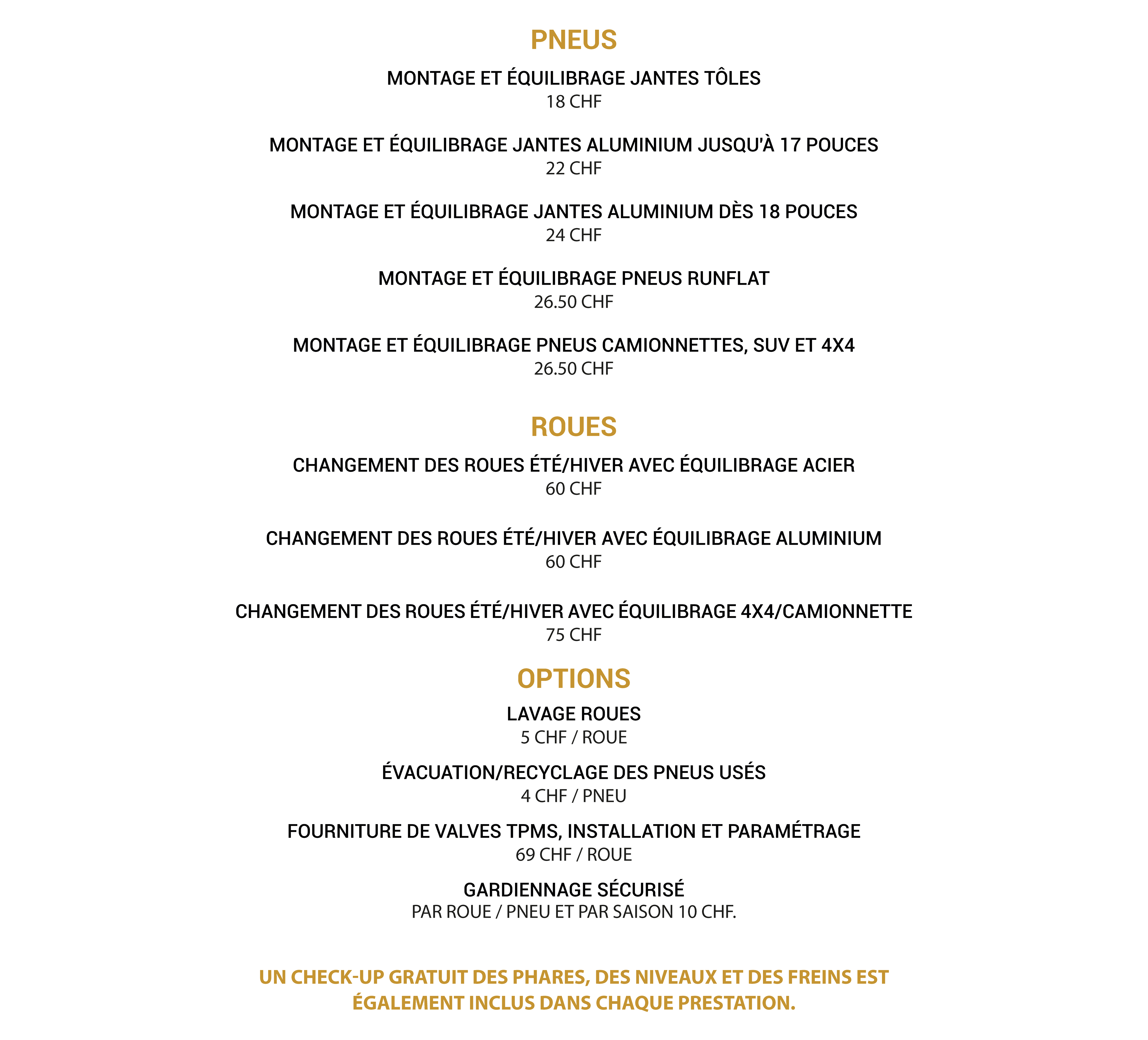 Liste des prix des services